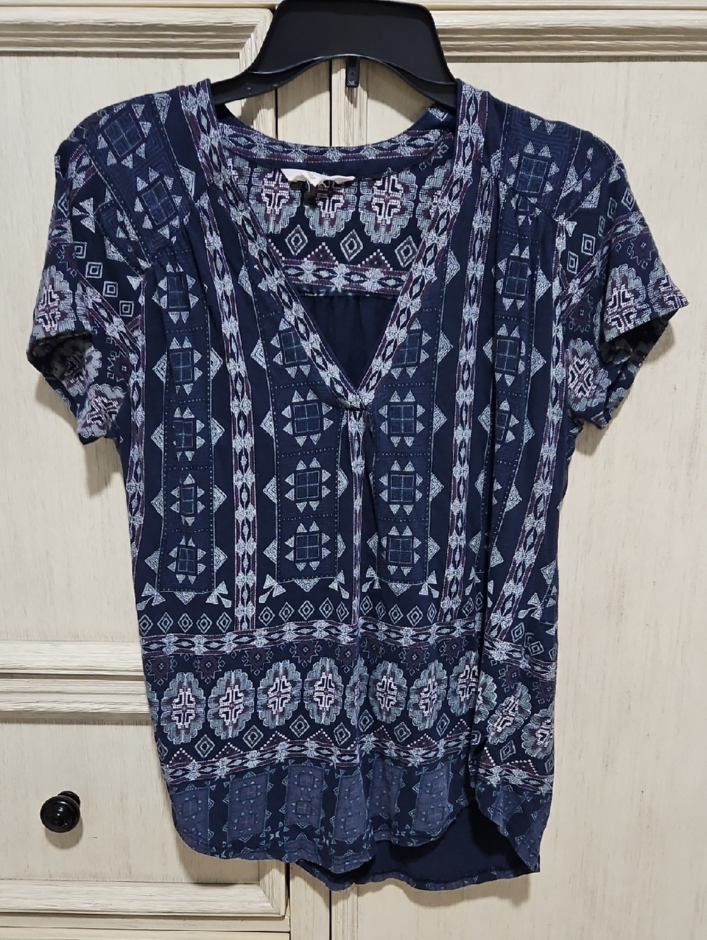 Lucky Brand Navy Geometric V-Neck Blouse